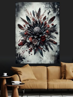 Çiçekler ve Kuş Tüyleri Dekoratif Kanvas - Mdf Ahşap Tablo