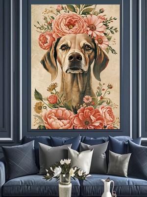 Pembe Çiçekler ve Köpek Dekoratif Kanvas - Mdf Ahşap Tablo