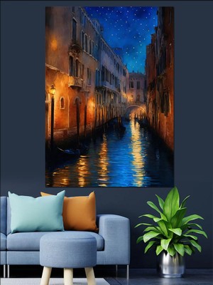 Venedikte Gece Dekoratif Kanvas - Mdf Ahşap Tablo