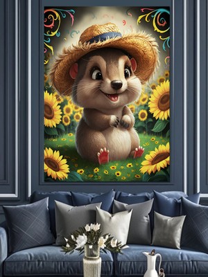 Hasır Şapkalı Hamster Dekoratif Kanvas - Mdf Ahşap Tablo