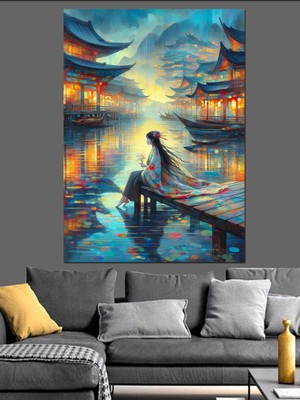 Japon Kadın ve Nilüfer Çiçekleri Dekoratif Kanvas - Mdf Ahşap Tablo