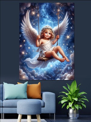 Salıncakta Sallanan Beyaz Melek Dekoratif Kanvas - Mdf Ahşap Tablo