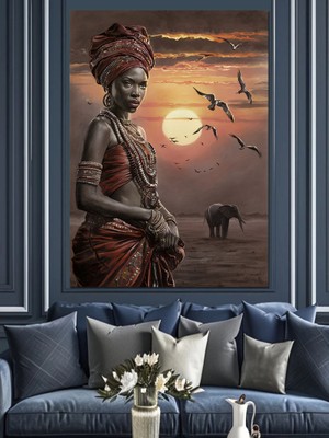 Afrikalı Kadınla Fil Dekoratif Kanvas - Mdf Ahşap Tablo