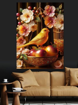 Meyvelerin Üstündeki Kuş ve Çiçekler Dekoratif Kanvas - Mdf Ahşap Tablo