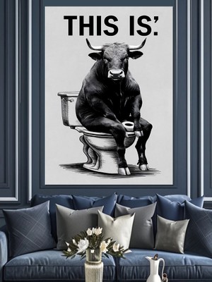 Tuvaletteki Boğa Dekoratif Kanvas - Mdf Ahşap Tablo