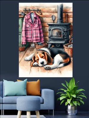 Sobalı Odada Uyuyan Köpek Dekoratif Kanvas - Mdf Ahşap Tablo