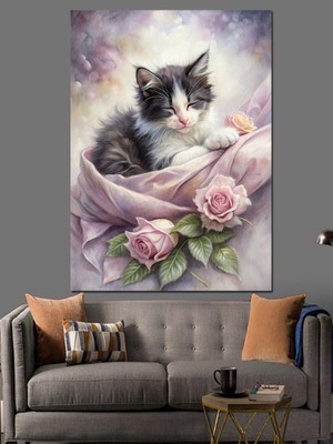 Yavru Kedi ve Güller Dekoratif Kanvas - Mdf Ahşap Tablo