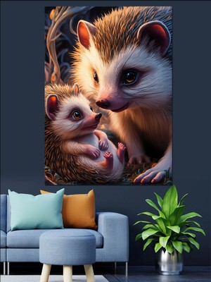 Kirpi ve Yavrusu Dekoratif Kanvas - Mdf Ahşap Tablo