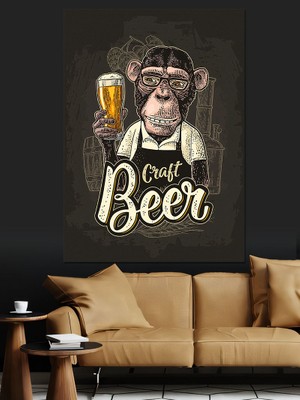 Bira Içen Maymun Dekoratif Kanvas - Mdf Ahşap Tablo