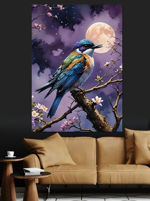 Mavi Kuş ve Dolunay Dekoratif Kanvas - Mdf Ahşap Tablo