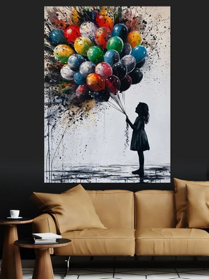 Renkli Uçan Balonlar ve Kız Dekoratif Kanvas - Mdf Ahşap Tablo