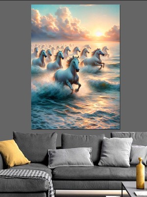Denizde Koşan Beyaz Atlar Dekoratif Kanvas - Mdf Ahşap Tablo