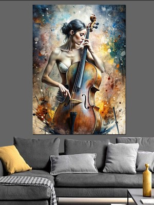Çello Çalan Nü Kadın Dekoratif Kanvas - Mdf Ahşap Tablo