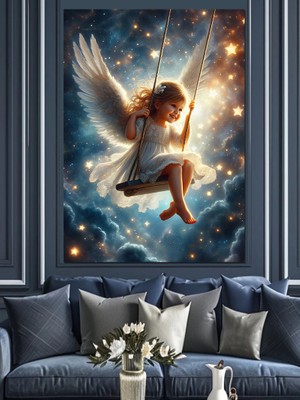 Evren ve Sallanan Melek Dekoratif Kanvas - Mdf Ahşap Tablo
