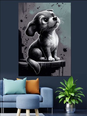Siyah Beyaz Yavru Köpek Dekoratif Kanvas - Mdf Ahşap Tablo