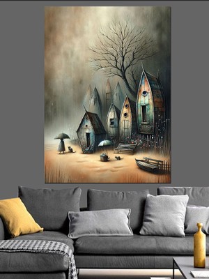 Yağmurdaki Küçük Evler Dekoratif Kanvas - Mdf Ahşap Tablo