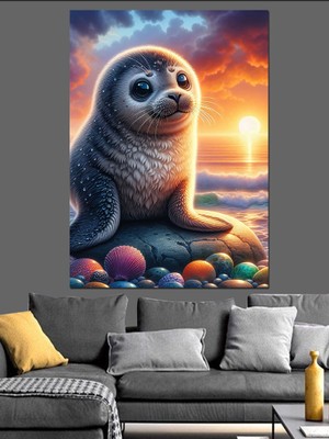 Sevimli Fok Balığı Dekoratif Kanvas - Mdf Ahşap Tablo