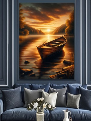 Göldeki Kayık ve Gün Batımı Dekoratif Kanvas - Mdf Ahşap Tablo