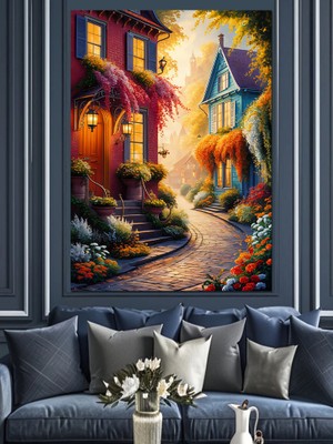 Çiçekli Köy Evleri Dekoratif Kanvas - Mdf Ahşap Tablo