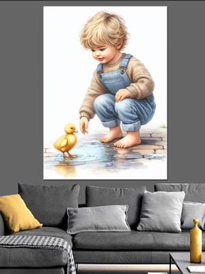 Yavru Ördekle Oynayan Çocuk Dekoratif Kanvas - Mdf Ahşap Tablo