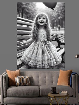 Balon Tutan Küçük Kız Dekoratif Kanvas - Mdf Ahşap Tablo