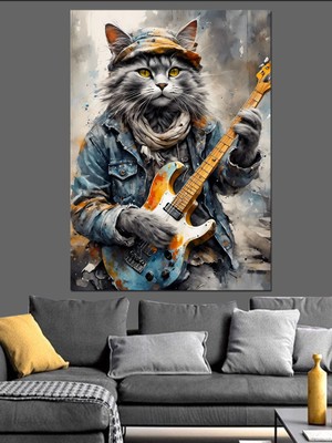 Elektro Gitar Çalan Kedi Dekoratif Kanvas - Mdf Ahşap Tablo