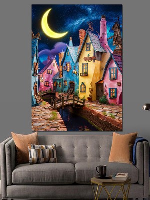 Renkli Köy Evleri Dekoratif Kanvas - Mdf Ahşap Tablo