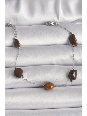 Clariss 316L Çelik Gümüş Renk Zincir Kahverengi Doğaltaş Model Kadın Bileklik