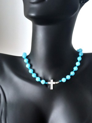 925 Ayar Gümüş Mavi Kuvars Doğal Taşlı Sade Haç Tasarım Kadın Kolye Doğum Günü Hediye