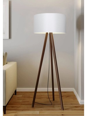 Beyaz Yuvarlak Kumaş Silindir Başlık Ahşap Üç Ayaklı Lambader