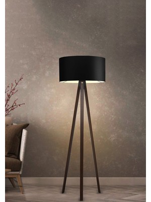 Tripod Siyah Rengi Başlıklı Ceviz Ayak Dekoratif Lambader