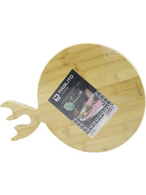 Yuvarlak Ahşap Bambu Kesim Panosu - Kesme Tahtası Geyik Boynuz Figür Saplı = 26CM