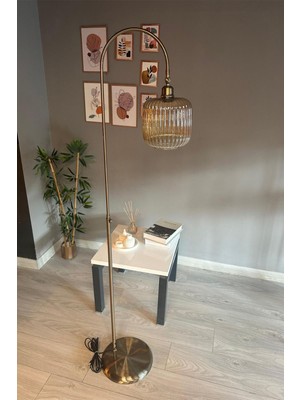 Teknotrust Bal Rengi Cam Lambader Modern Dekoratif Metal Oturma Odası Çalışma Odası Zemin Lambası