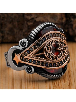 Ay Yıldız Tasarımlı Kırmızı Zirkon Taşlı 925 Ayar Gümüş Yüzük