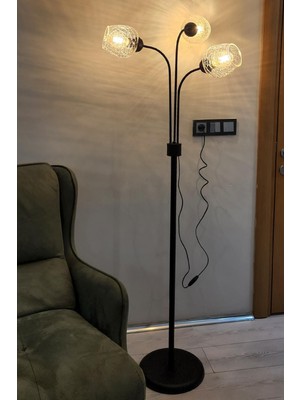 Teknotrust Zambak 3 Lü Siyah Tasarım Metal Ayaklı Lambader Çatlak Cam Oturma Odası-Salon Lambader