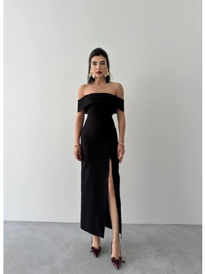 Madonna Yaka Yırtmaçlı Uzun Slim Elbise