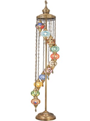 Teknotrust El Yapımı Otantik Boho Etnik Mozaik Renkli Cam Lambader Taban Lambası, 11 Camlı, 2.1 Metre