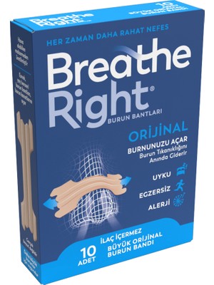 Breathe Right Büyük Boy Burun Bandı - İlaçsız, Anında Nefes Açıcı, Esnek Malzeme, 10'lu Paket