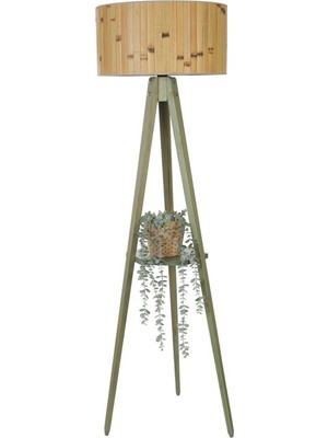 Teknotrust Sehbalı Tripod Yeşil Lambader Silindir Bambu 02 Abajurlu