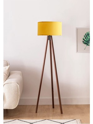 Homing Sarı Silindir Başlık Ahşap Üç Ayaklı Lambader