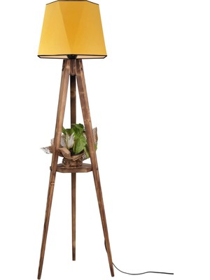 Sehbalı Tripod Lambader Yanık Altıgen Hardal Abajurlu