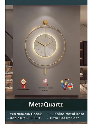 Timelles Kristal- (Quartz Mekanizmalı)-(Abs Nano Göbek )-Pilli LED - Metal Duvar Saati