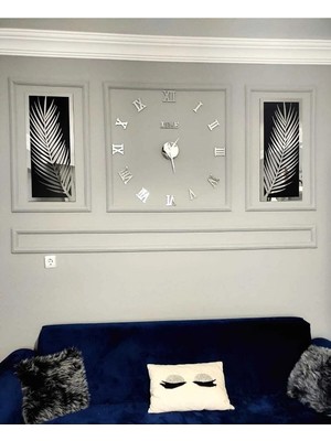 3 Parçalı Duvar Saati Seti, Akrilik Pleksi Aynalı Palmiye Yapraklar ve Roma R. Saat