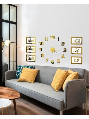 3D Latin Rakam Duvar Saat ve Sabret Şükret Dua Et Allah Muhammed Vav Pano Beyazaltın