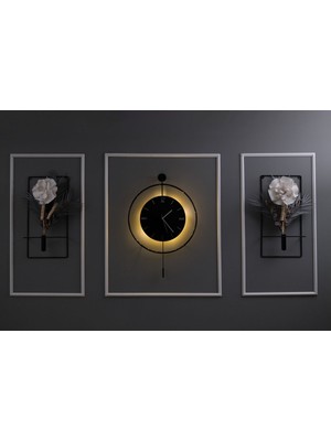 (Gümüş Rakam ) 3'lü Timelles (Siyah-Siyah)-( Pilli Led)Modern Metal Duvar Saati