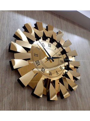 3 Boyutlu Piyano Model Aynalı Duvar Saati Roma Rakamlı Gold