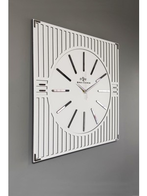 Çizgi Desenli Ayna Pleksi Dekoratif Beyaz & Gümüş Kare Duvar Saati 50X50CM