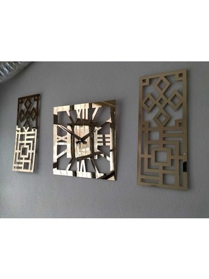 Roma Rakamlı Modern & Şık Tasarım Mdf Üzeri Gold Renk Aynalı Pleksi 3lü Duvar Saat Seti 40X 40