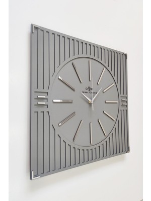 Özel Lüx Kare Çizgi Desenli Ayna Pleksi Dekoratif Antrasit & Gümüş Duvar Saati 50X50CM