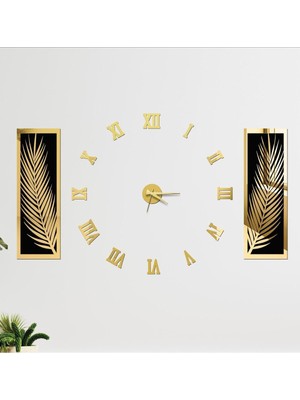 3 Parçalı Duvar Saati Seti, Akrilik Pleksi Aynalı Palmiye Yapraklar ve Roma